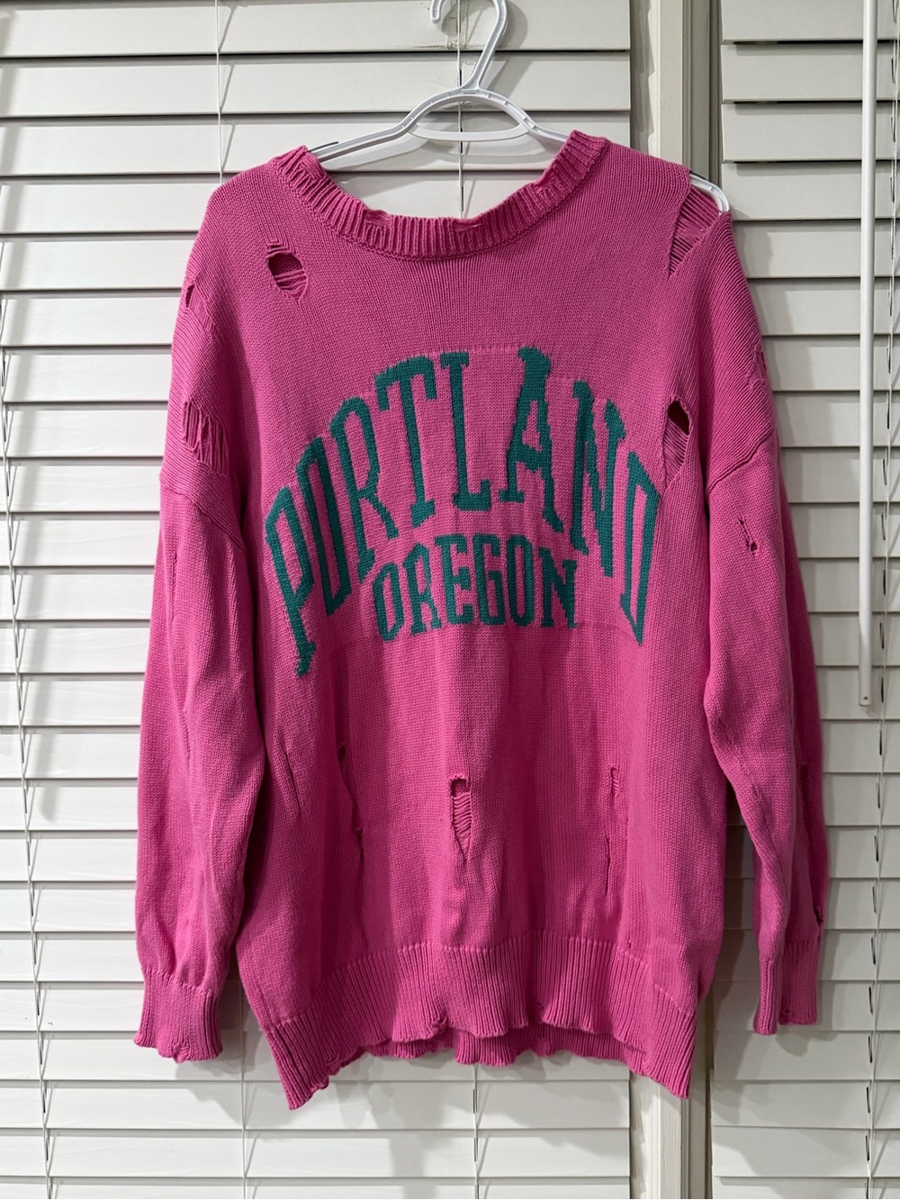 Pink Portland Oregon Distressed Knit Sweater Size Large 🩷💚